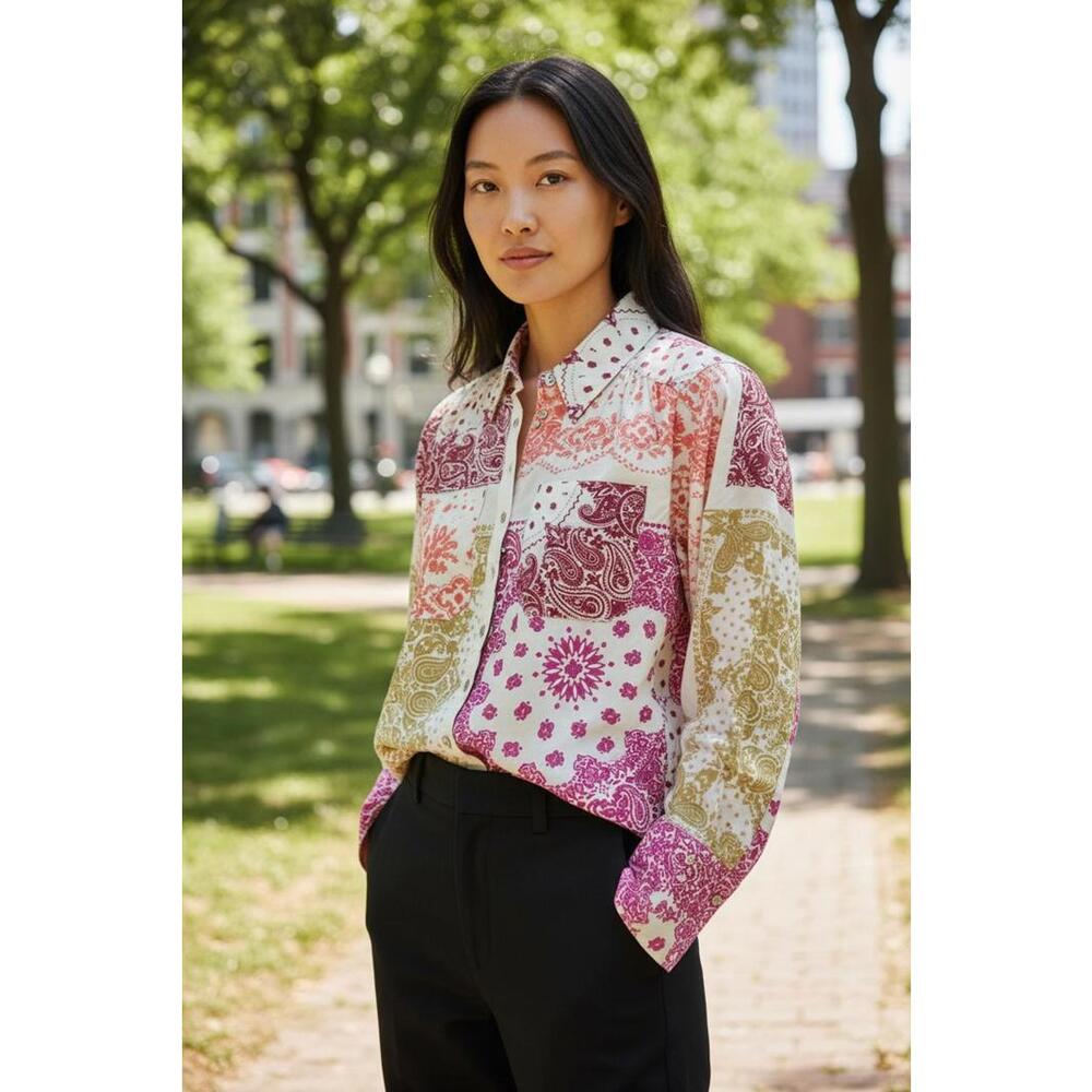 Sundance Patchwork Pattern Button-Up Shirt Jacket… - image 1